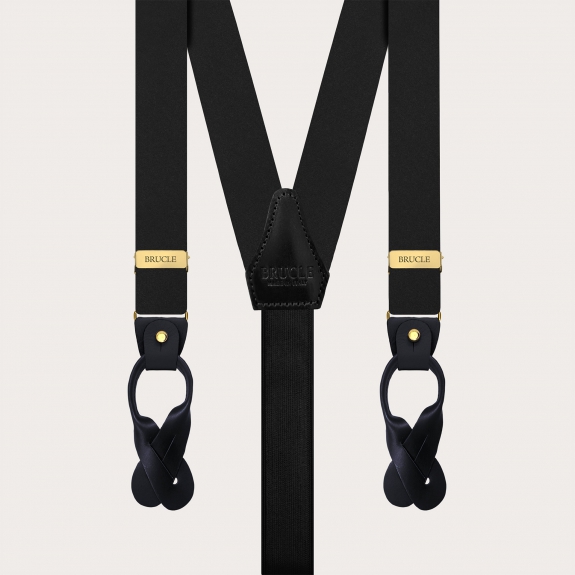 Black suspenders with gold clips in double-use satin silk