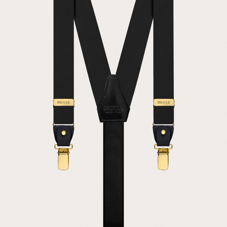 Black suspenders with gold clips in double-use satin silk