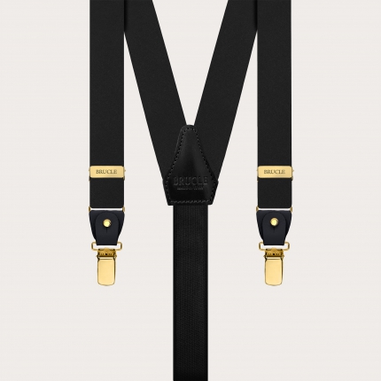 Black suspenders with gold clips in double-use satin silk