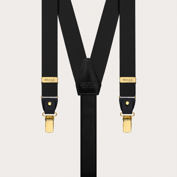 Black suspenders with gold clips in double-use satin silk