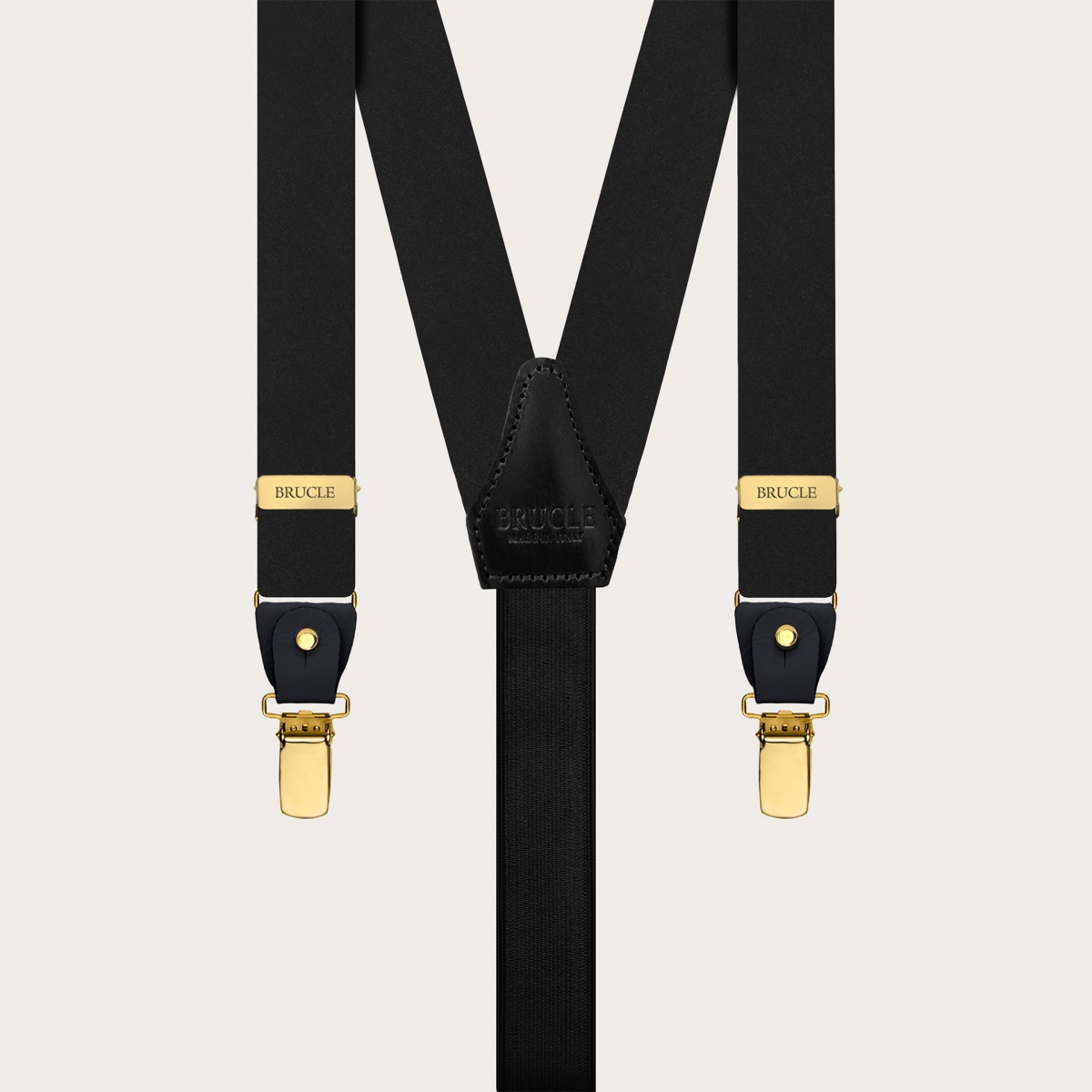 Black suspenders with gold clips in double-use satin silk