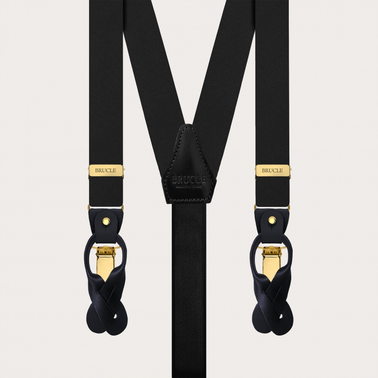 Black suspenders with gold clips in double-use satin silk