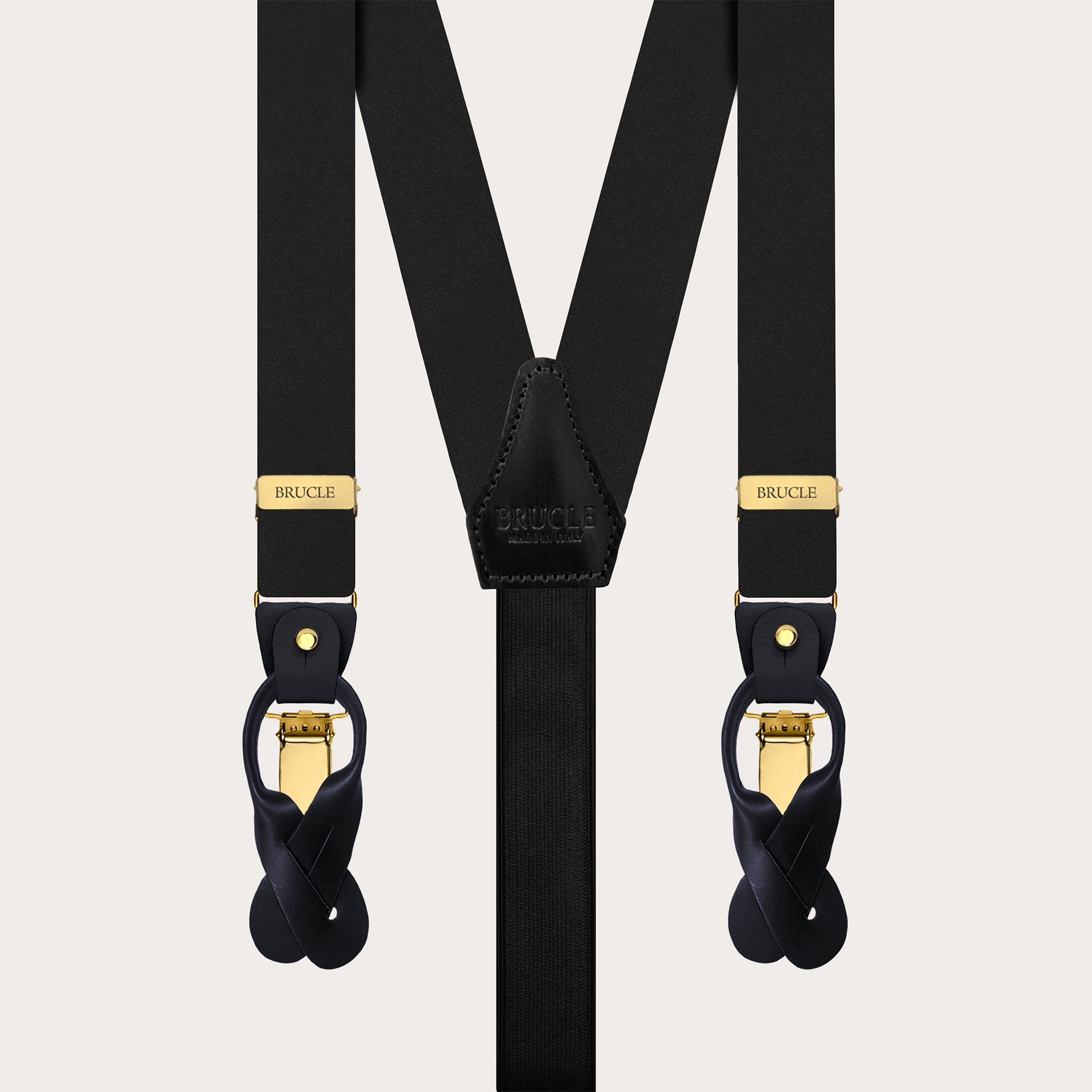 Black suspenders with gold clips in double-use satin silk