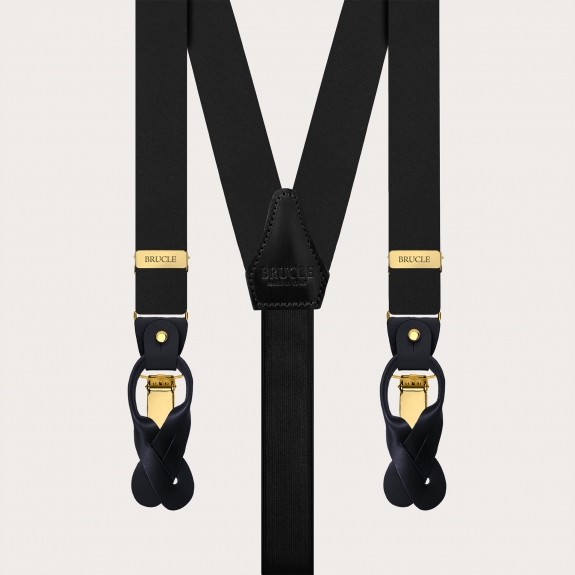 Black suspenders with gold clips in double-use satin silk