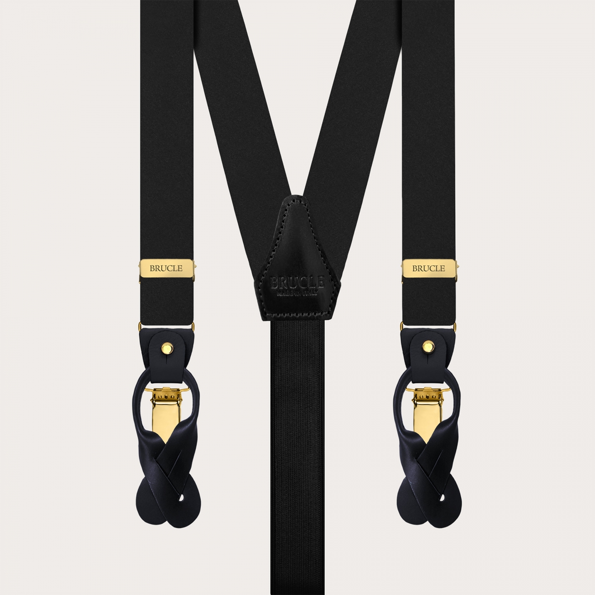 Black suspenders with gold clips in double-use satin silk