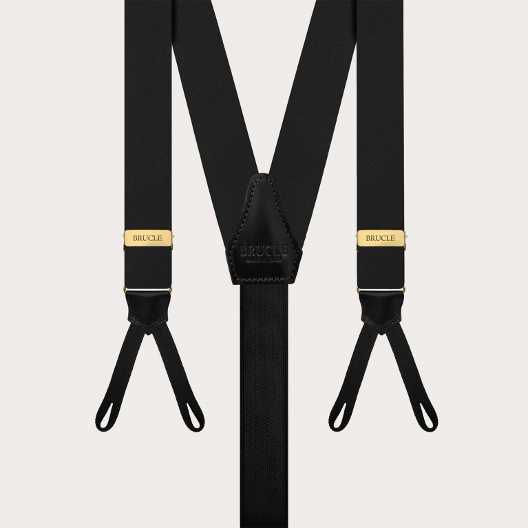 Black silk satin suspenders with gold metal parts for buttons