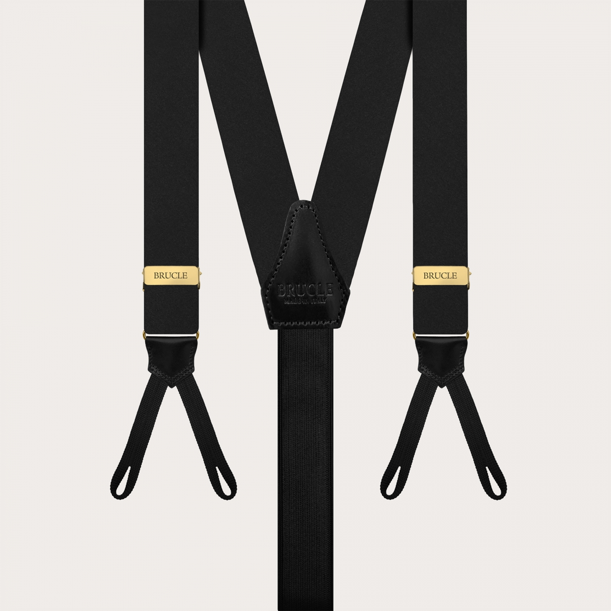 Black silk satin suspenders with gold metal parts for buttons