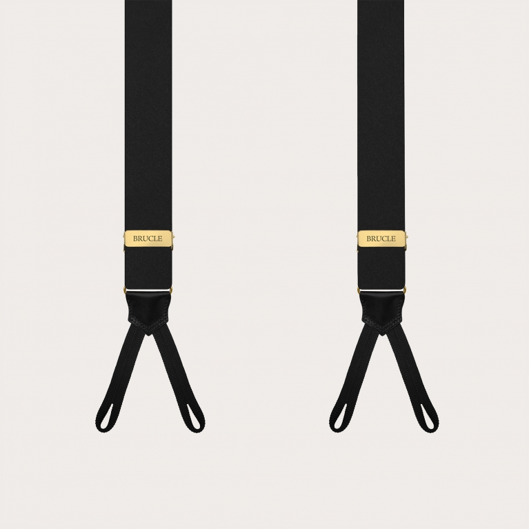 Black silk satin suspenders with gold metal parts for buttons