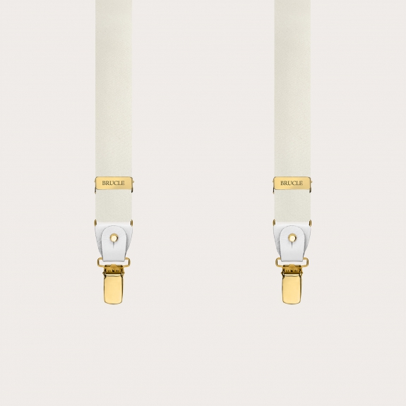 Narrow white silk satin suspenders with gold clips