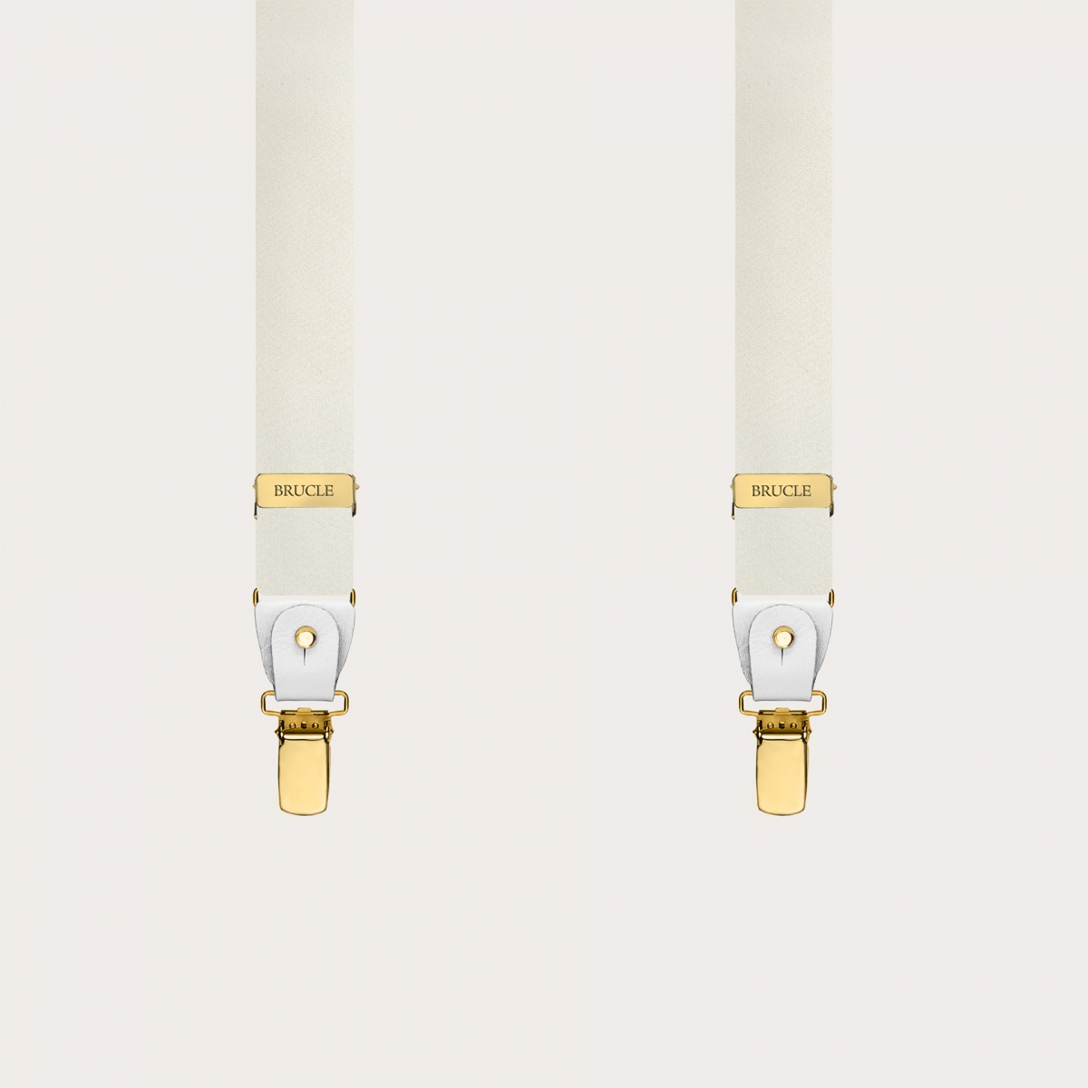 Narrow white silk satin suspenders with gold clips