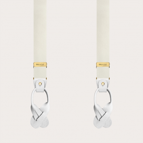 Narrow white silk satin suspenders with gold clips