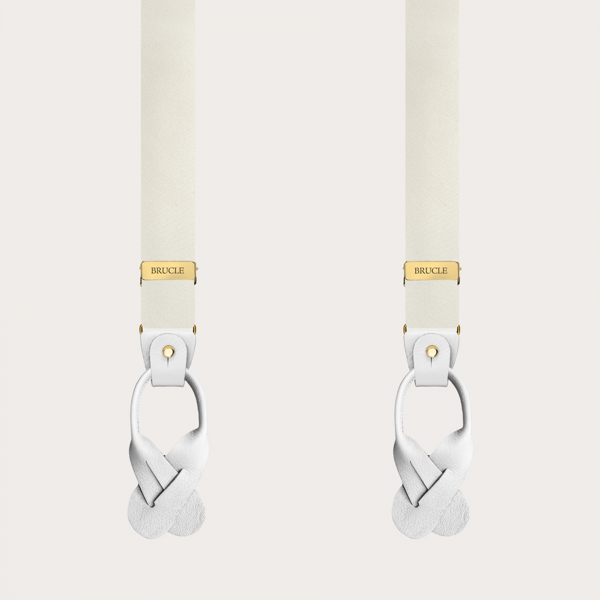 Narrow white silk satin suspenders with gold clips