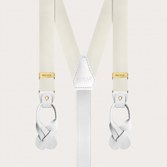 Narrow white silk satin suspenders with gold clips