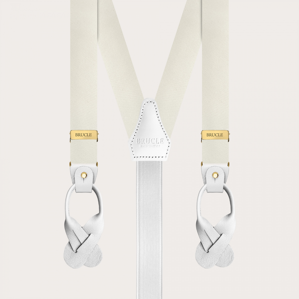 Narrow white silk satin suspenders with gold clips