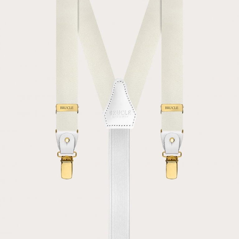 Narrow white silk satin suspenders with gold clips