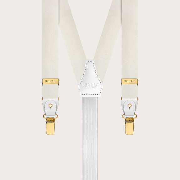 Narrow white silk satin suspenders with gold clips