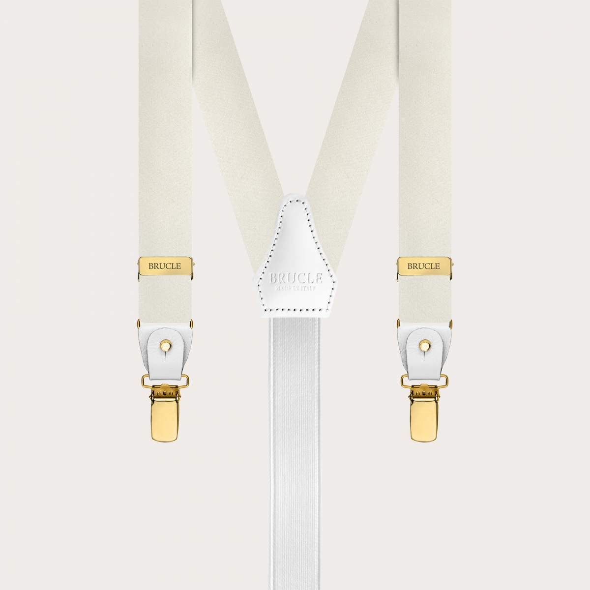 Narrow white silk satin suspenders with gold clips