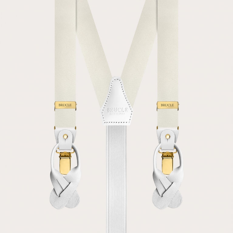Bretelle strette bianche in raso di seta con clip oro