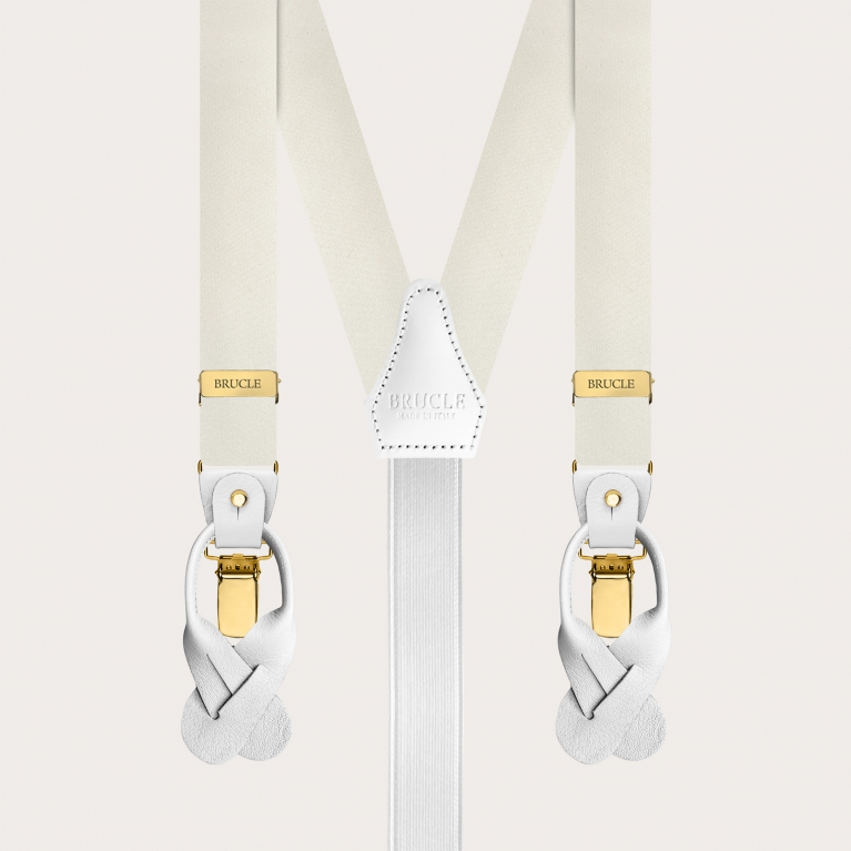 Narrow white silk satin suspenders with gold clips