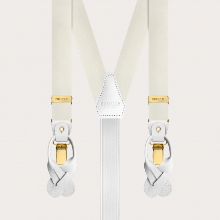 Narrow white silk satin suspenders with gold clips