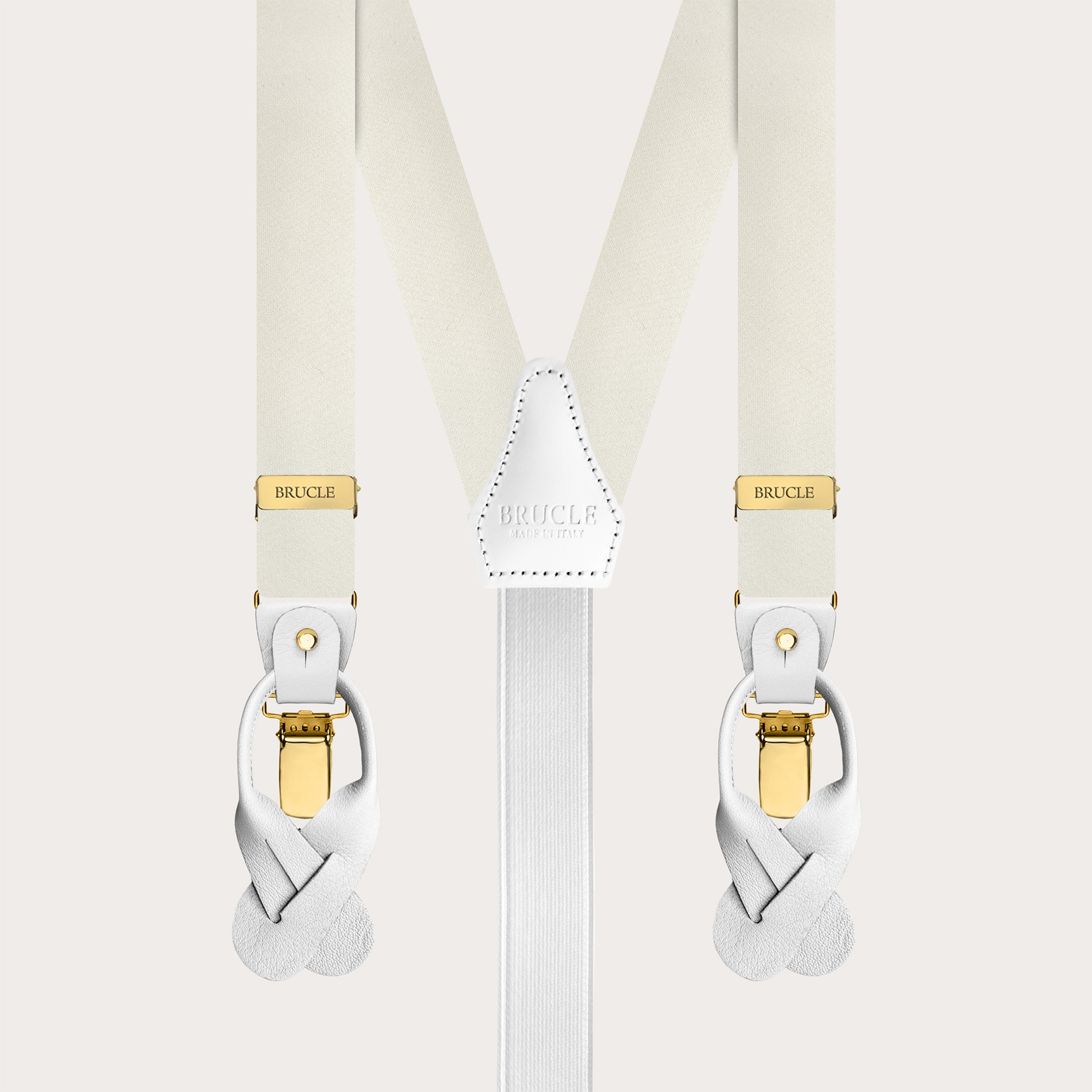 Narrow white silk satin suspenders with gold clips