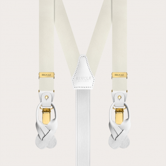 Narrow white silk satin suspenders with gold clips