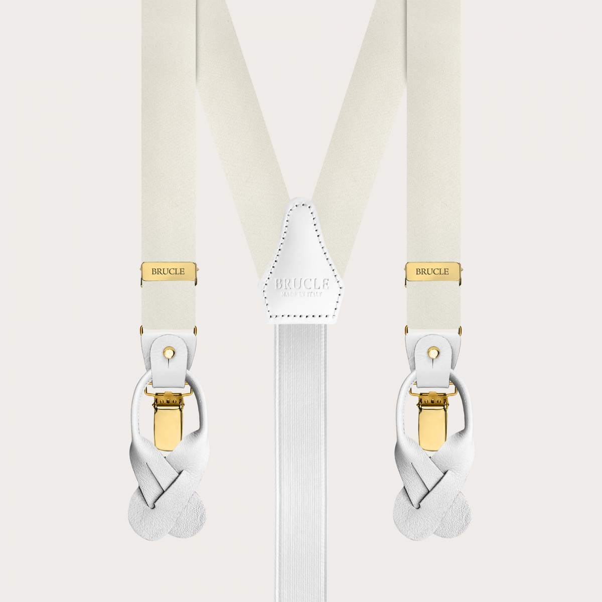 Narrow white silk satin suspenders with gold clips