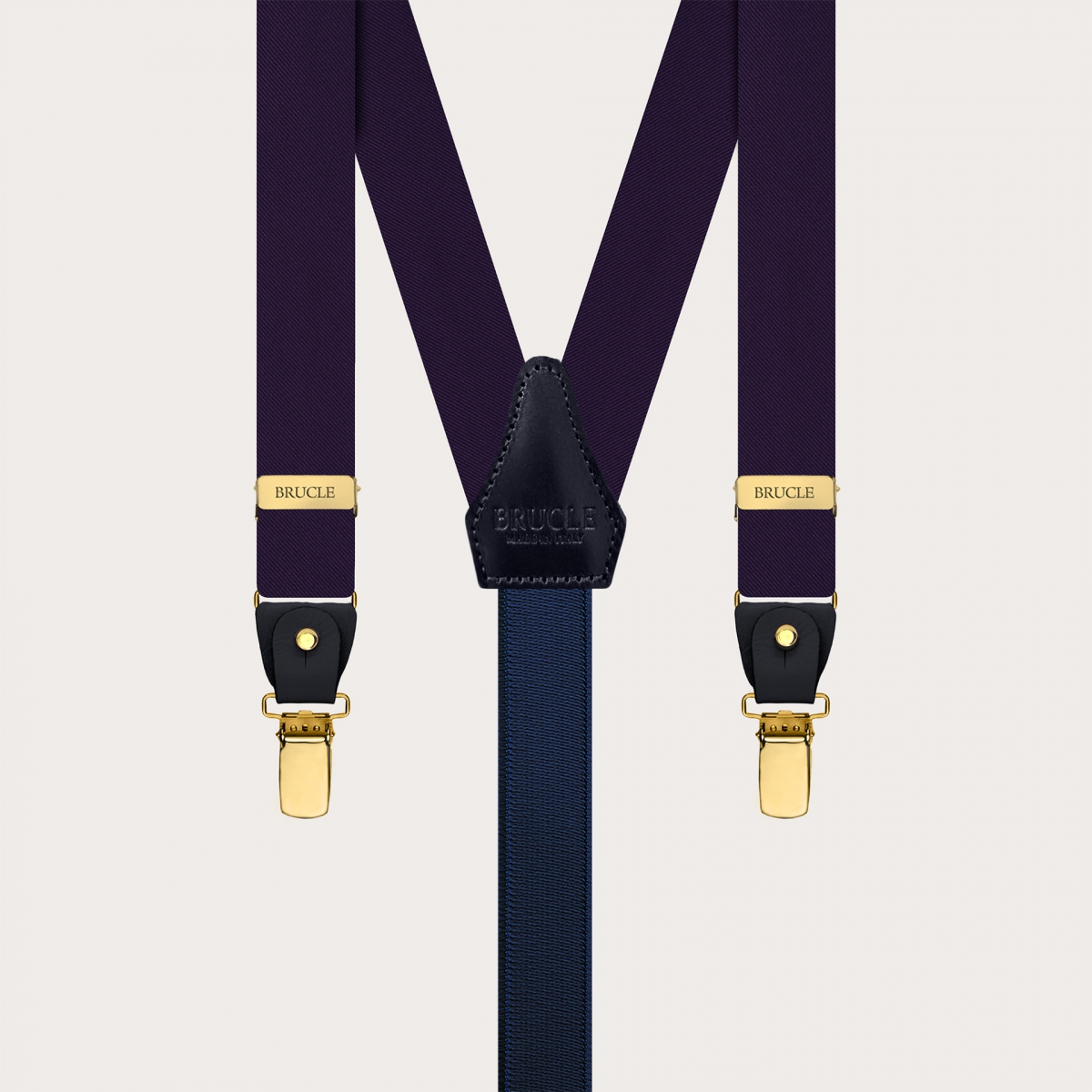 Narrow blue silk satin suspenders with gold metal parts