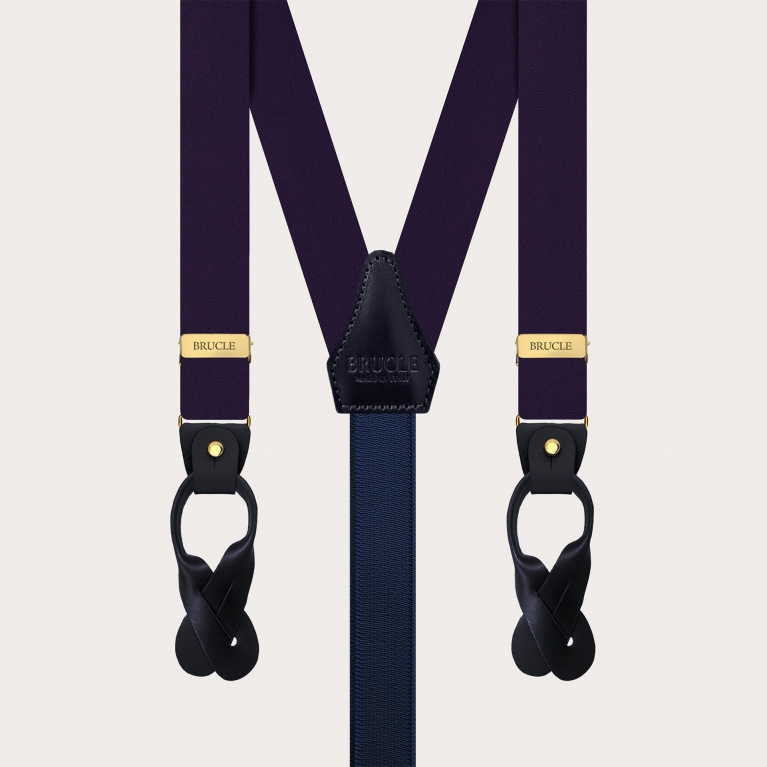 Narrow blue silk satin suspenders with gold metal parts