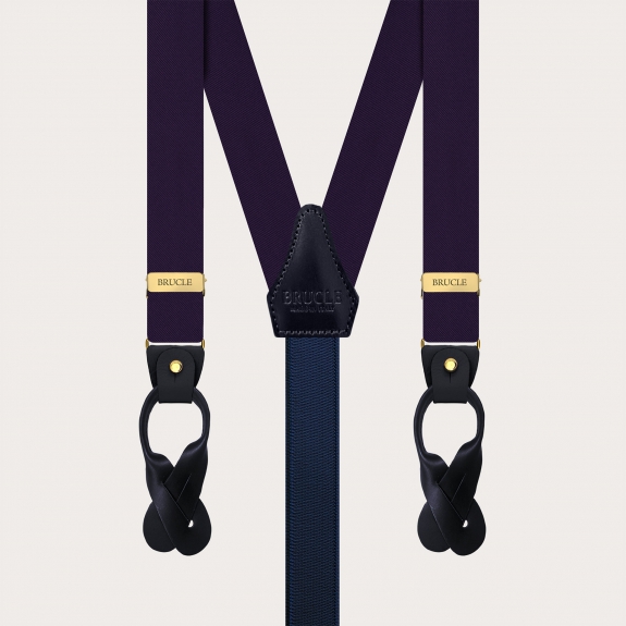 Narrow blue silk satin suspenders with gold metal parts