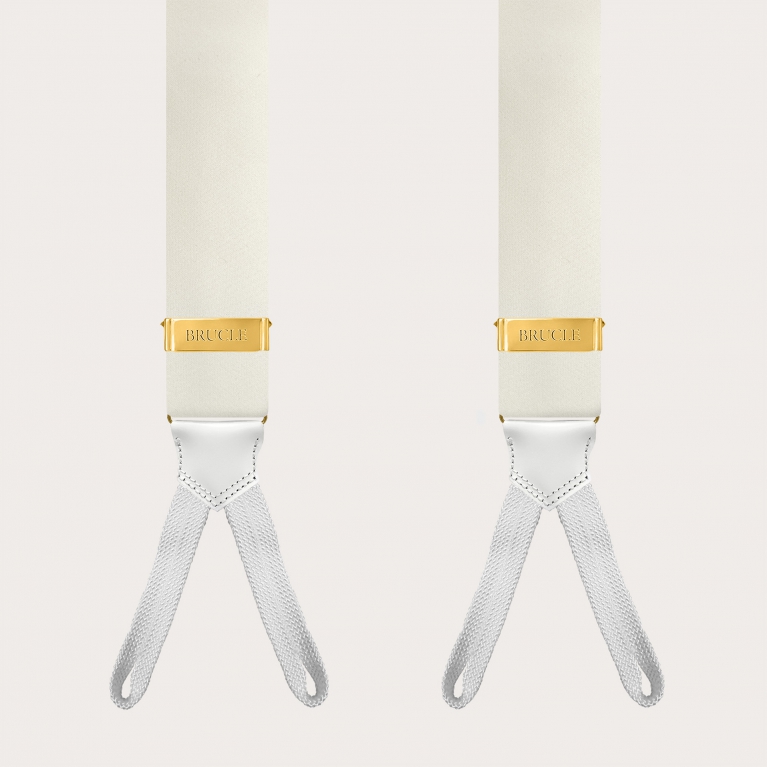 White silk satin suspenders with gold button adjusters