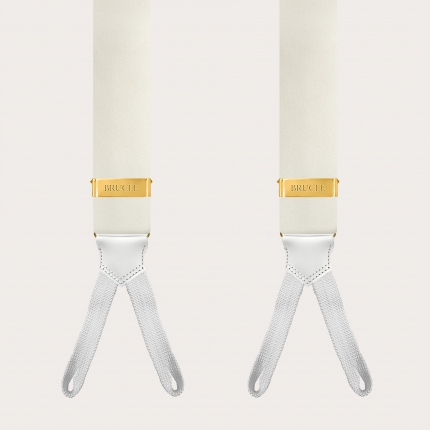 White silk satin suspenders with gold button adjusters