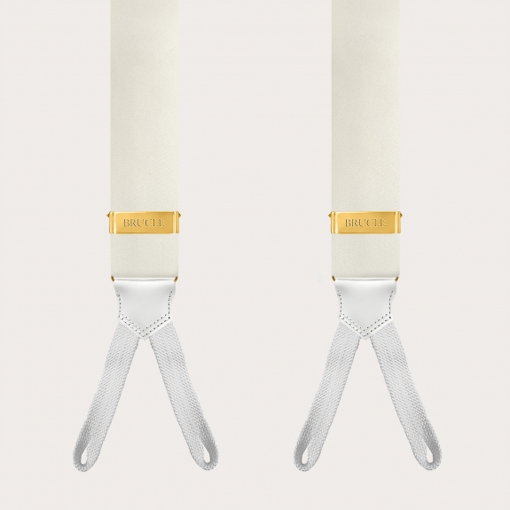 White silk satin suspenders with gold button adjusters