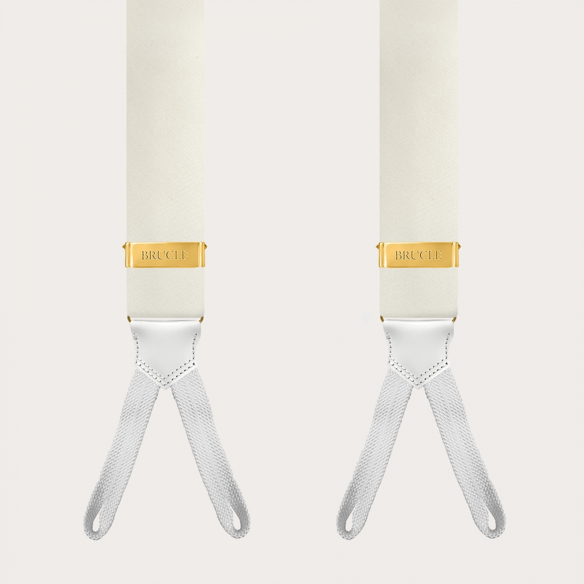 White silk satin suspenders with gold button adjusters