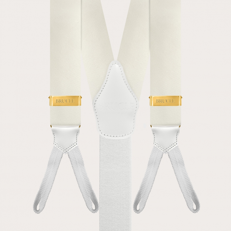 Bretelle in raso di seta bianche con regolatori oro per bottoni