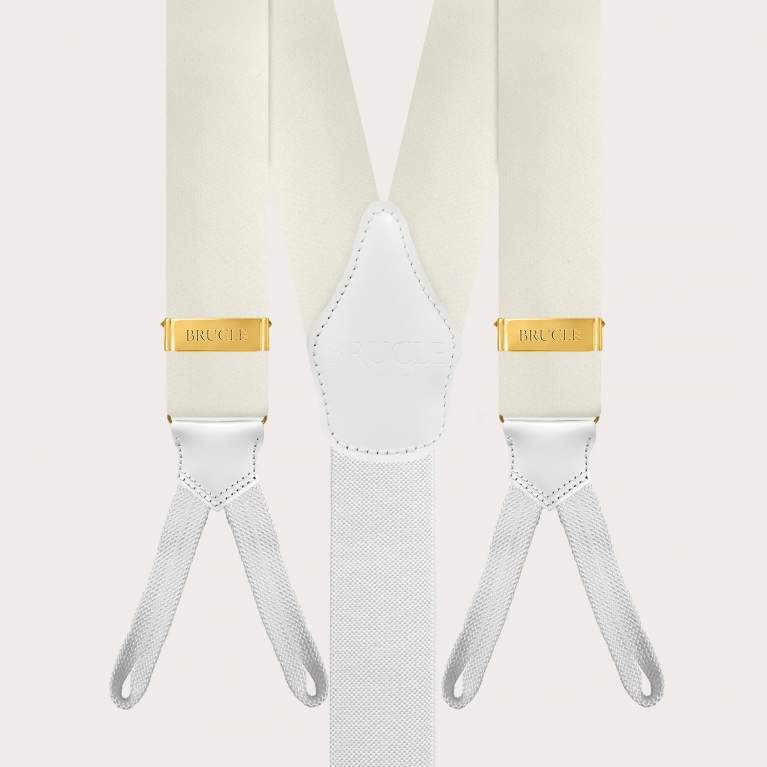 White silk satin suspenders with gold button adjusters