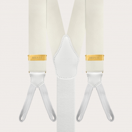 White silk satin suspenders with gold button adjusters