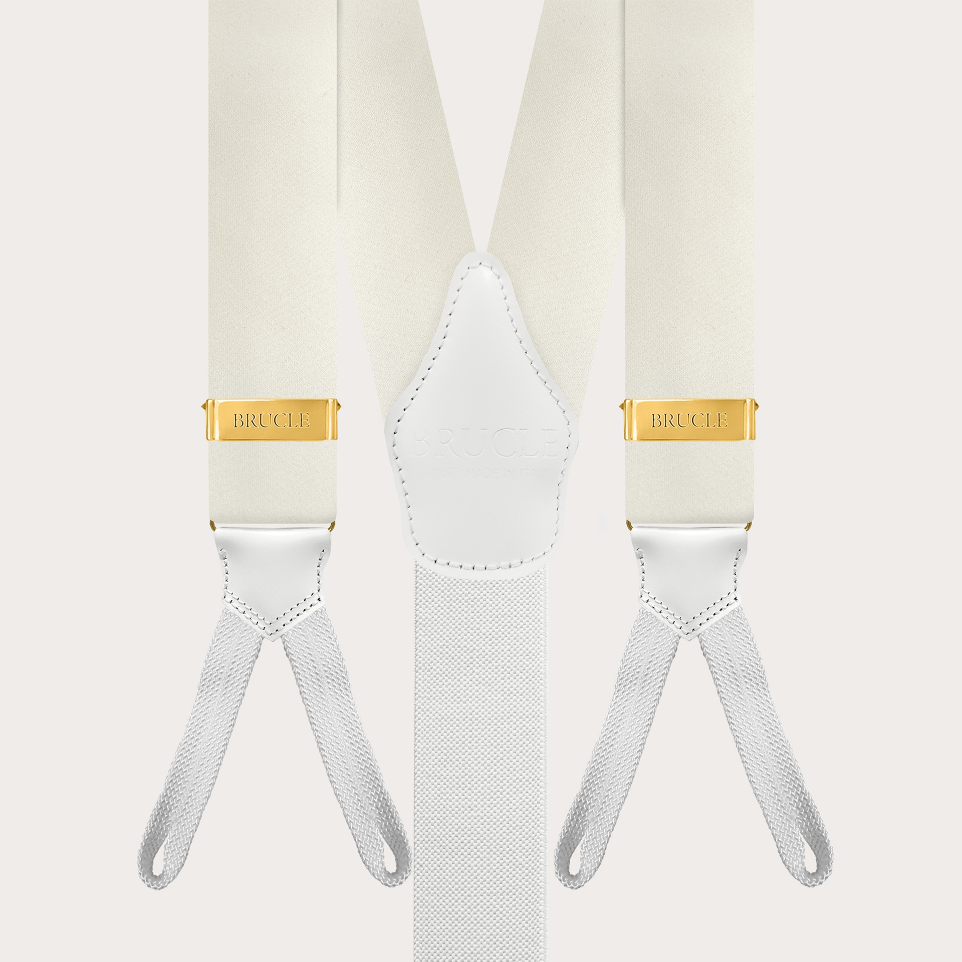 White silk satin suspenders with gold button adjusters