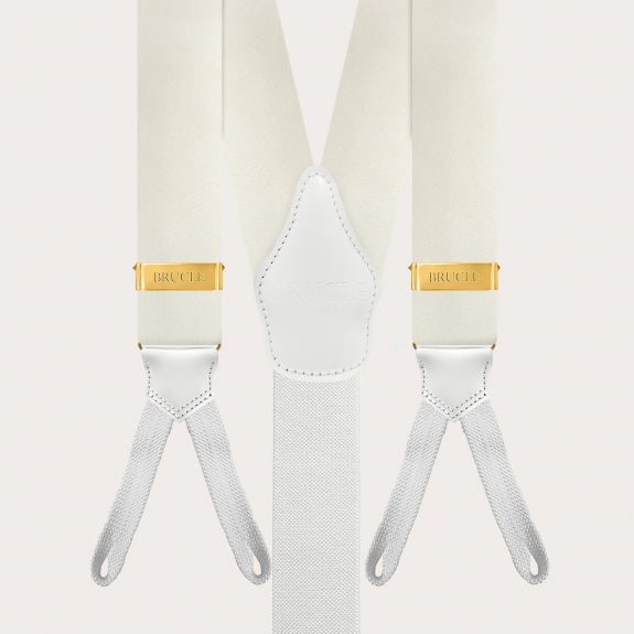 White silk satin suspenders with gold button adjusters