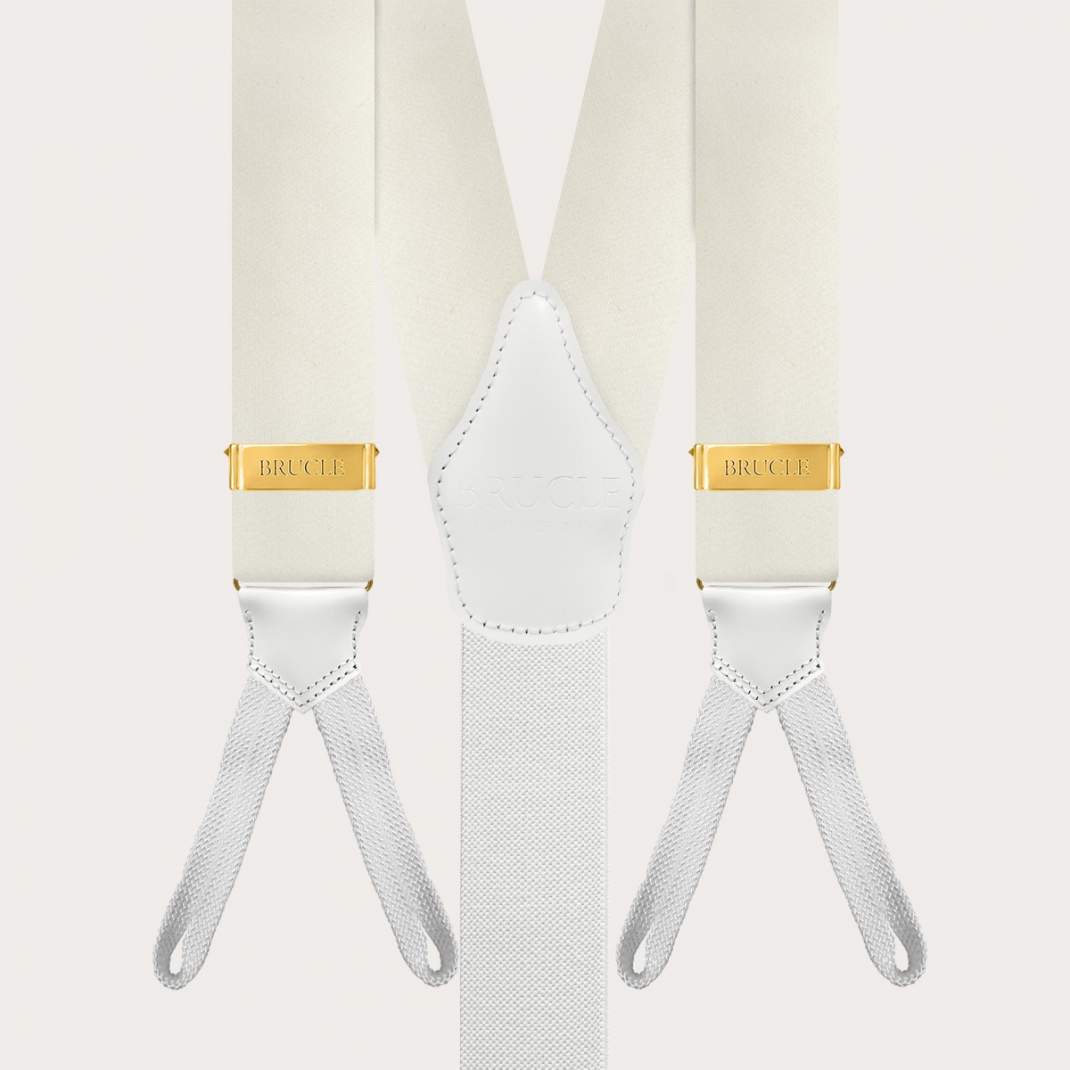 White silk satin suspenders with gold button adjusters