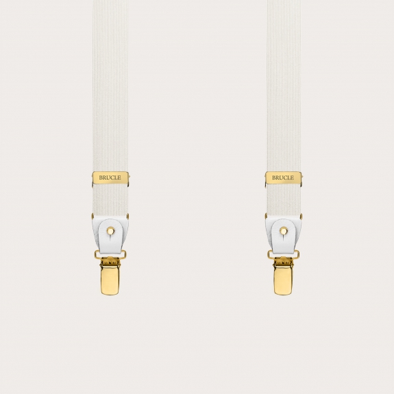 White narrow silk suspenders with gold clip