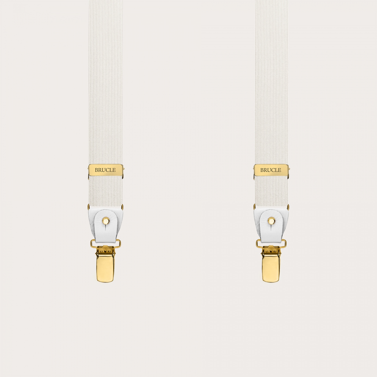 White narrow silk suspenders with gold clip