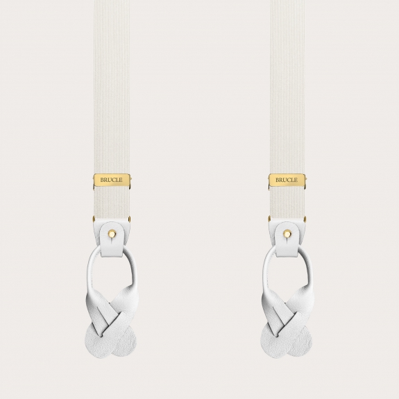 White narrow silk suspenders with gold clip