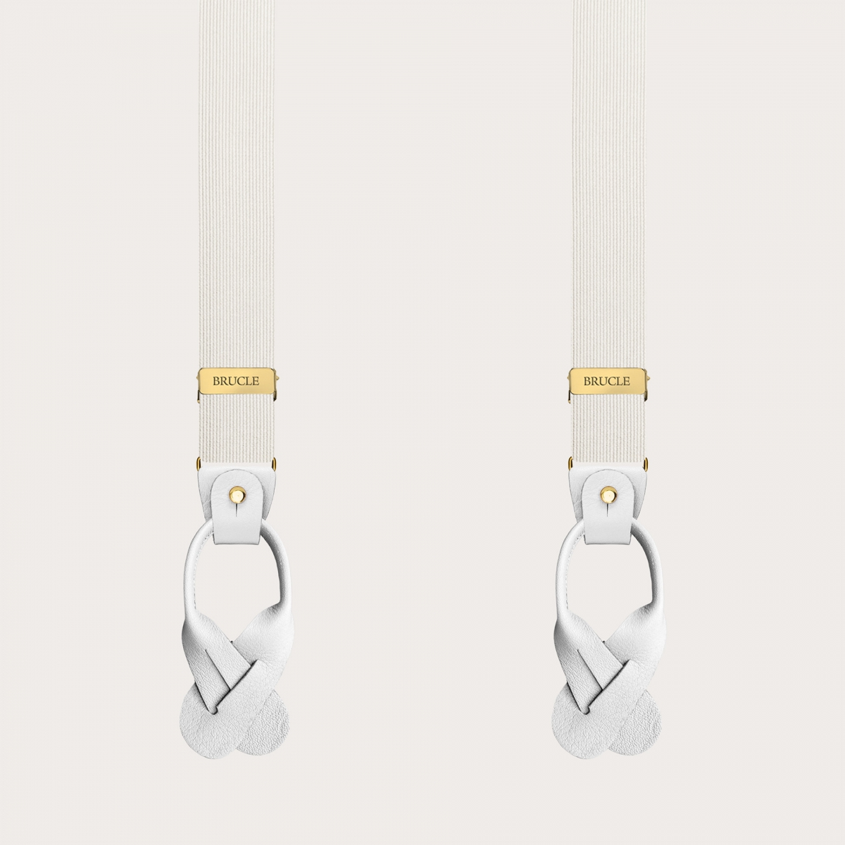 White narrow silk suspenders with gold clip