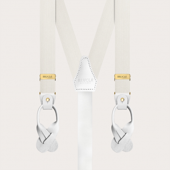 White narrow silk suspenders with gold clip