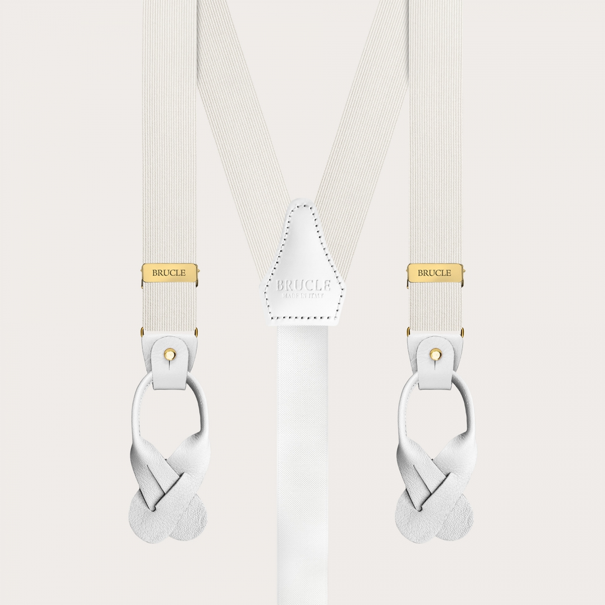 White narrow silk suspenders with gold clip