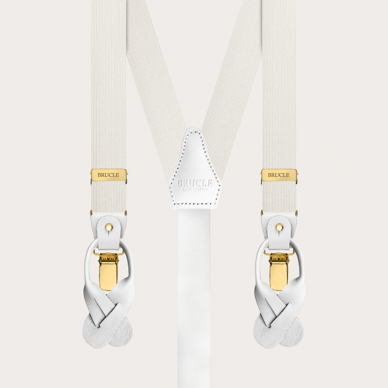 White narrow silk suspenders with gold clip