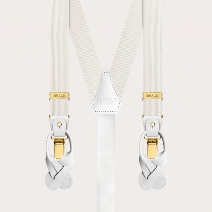 White narrow silk suspenders with gold clip