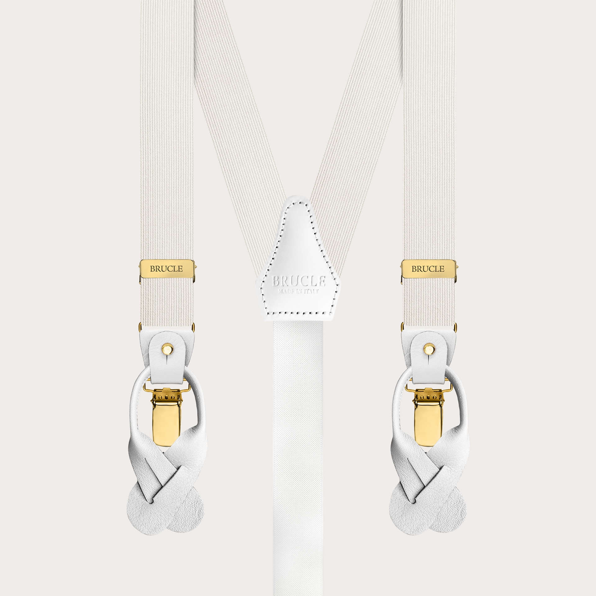 White narrow silk suspenders with gold clip