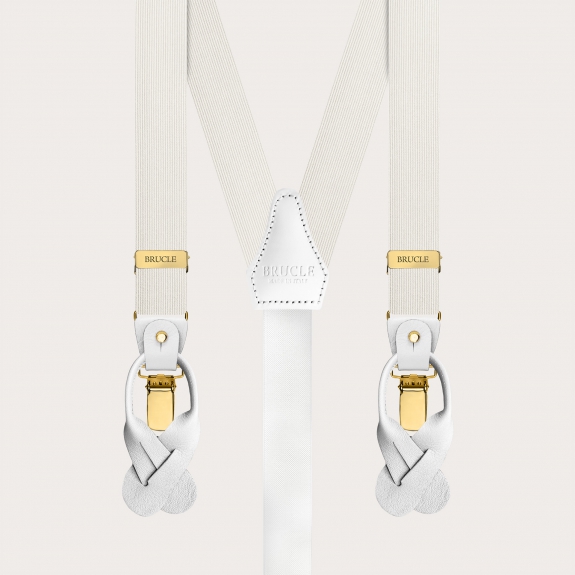 White narrow silk suspenders with gold clip